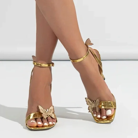 Gold Summer Sandals Women Butterfly Square Open Toe Pumps Buckle Strap 38 (6-3) - Picture 5 of 6